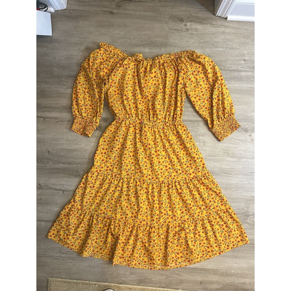 Indulge in Style 1X Yellow Floral Boho Midi Dress Smocked Cottagecore Chic - Picture 10 of 13
